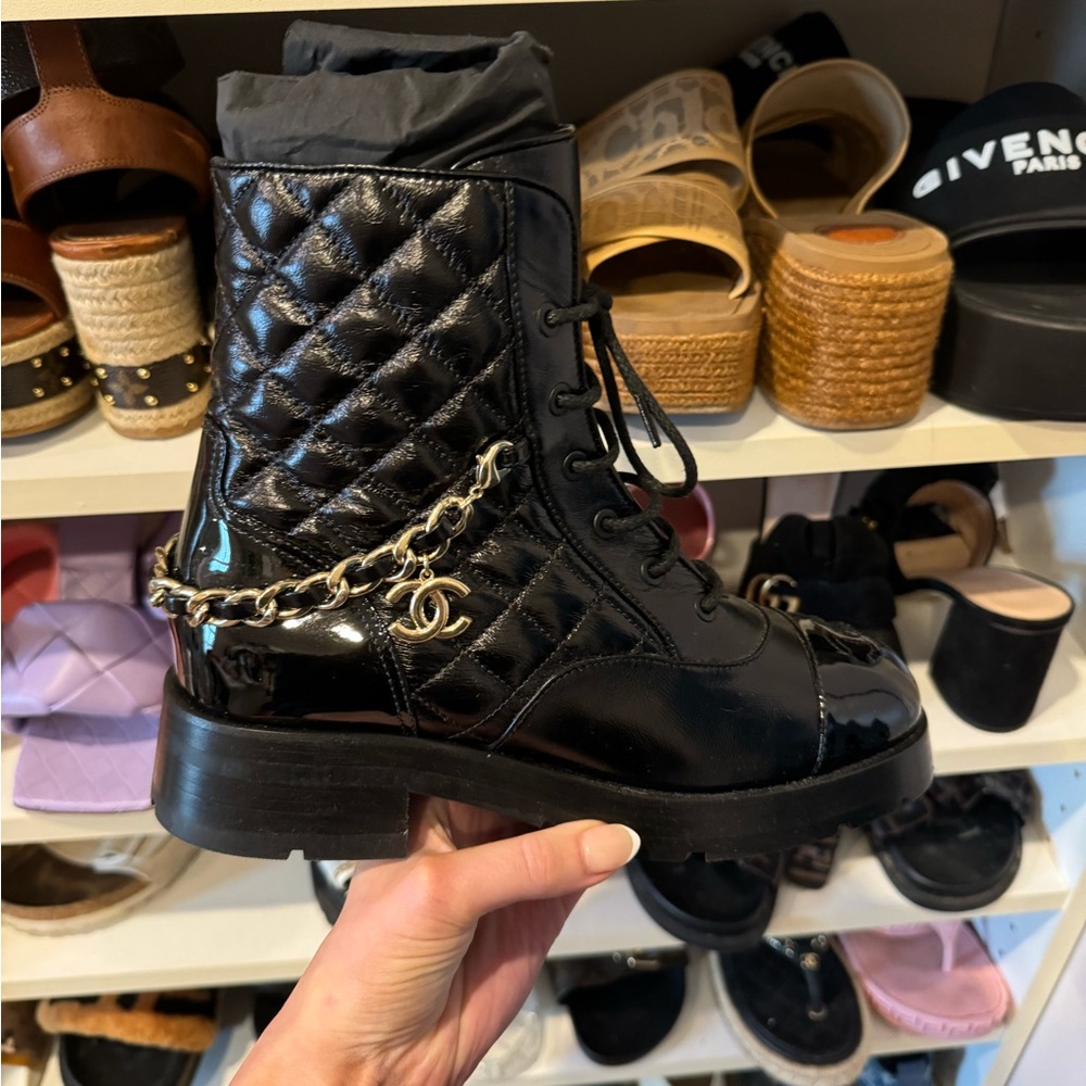 New Chanel Combat Boots - Black with Gold Chain - Picture 4 of 7